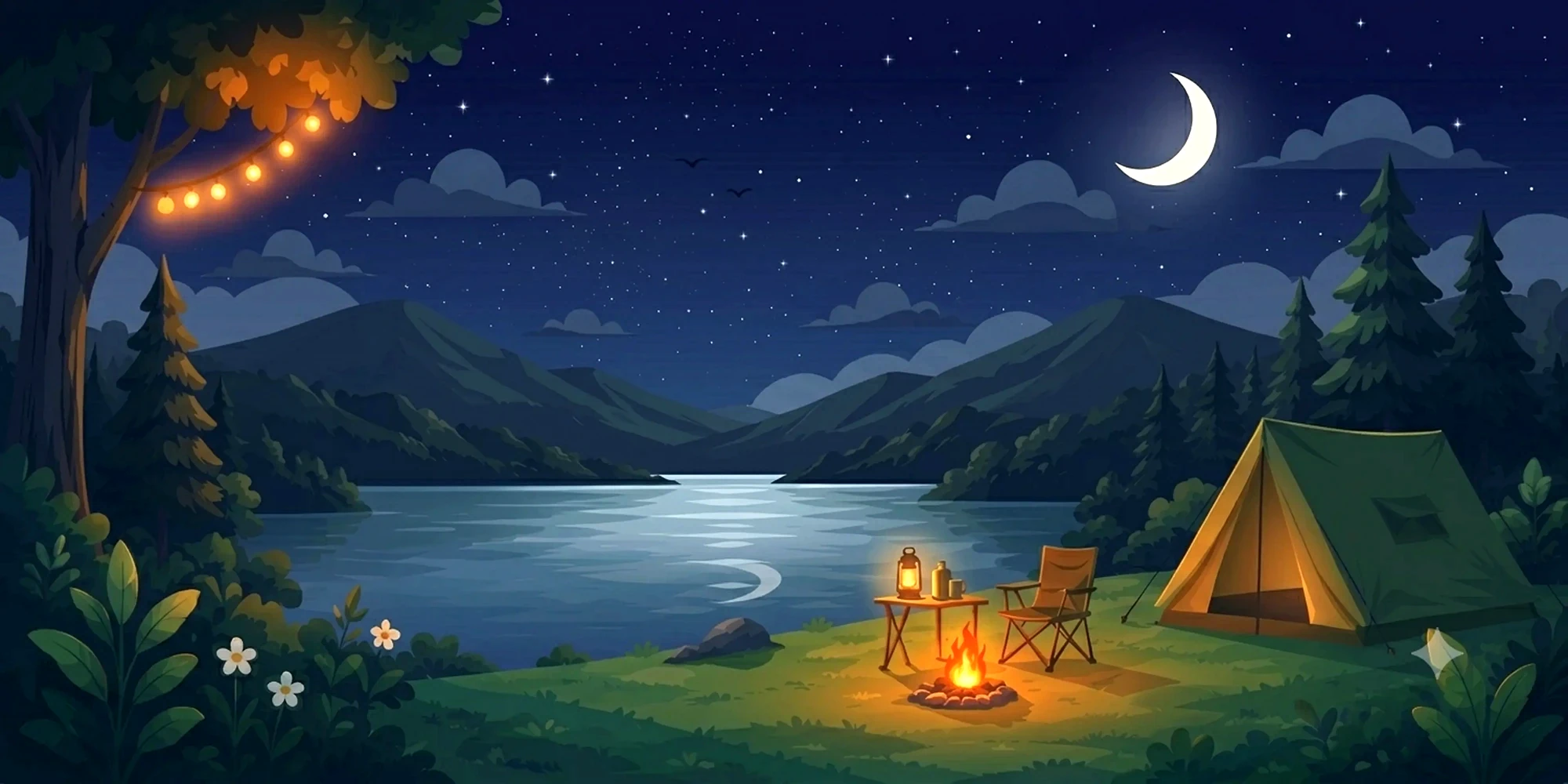 Campsite at dawn with mountains, lake, and tent