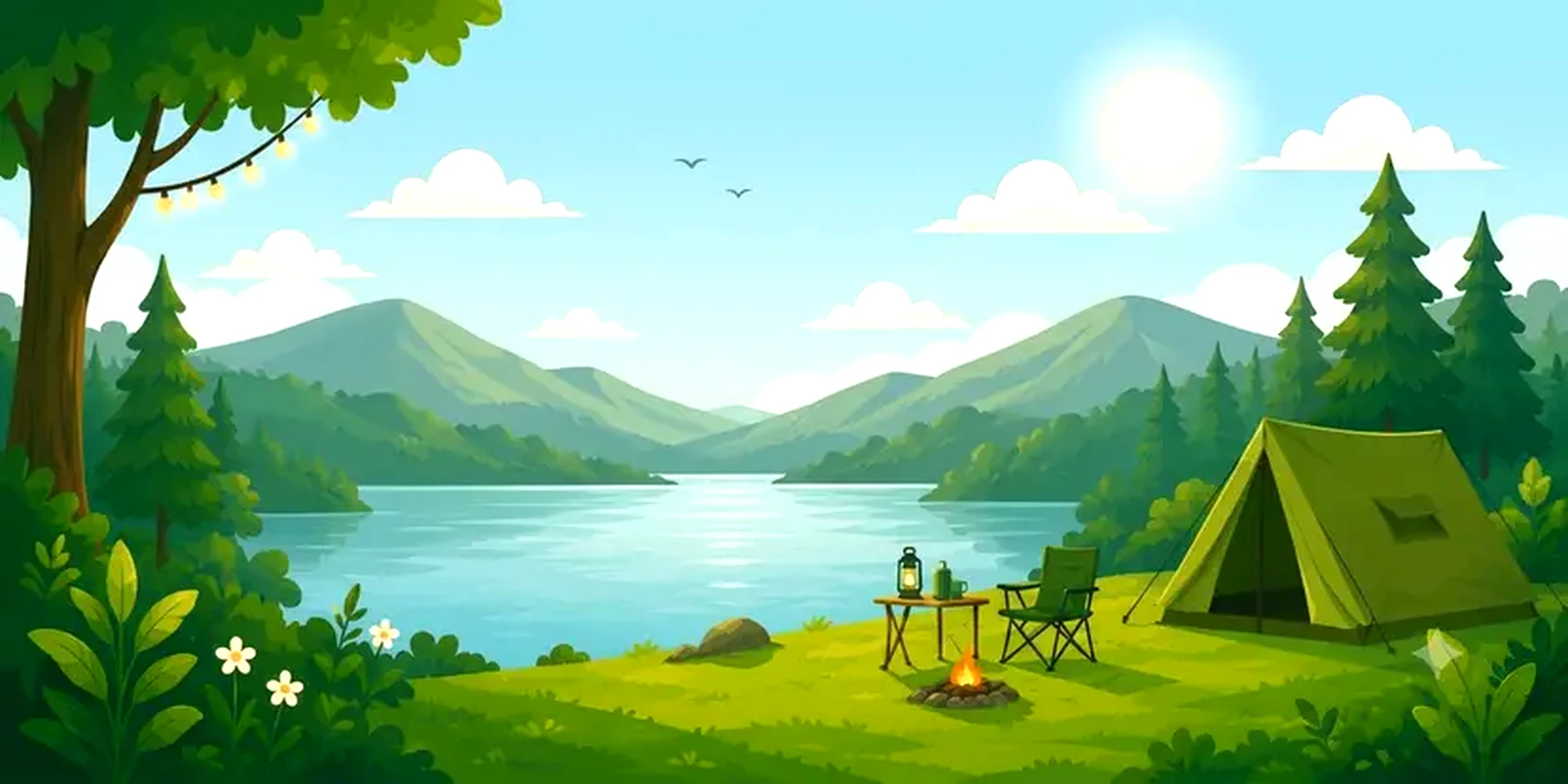 Campsite at dawn with mountains, lake, and tent